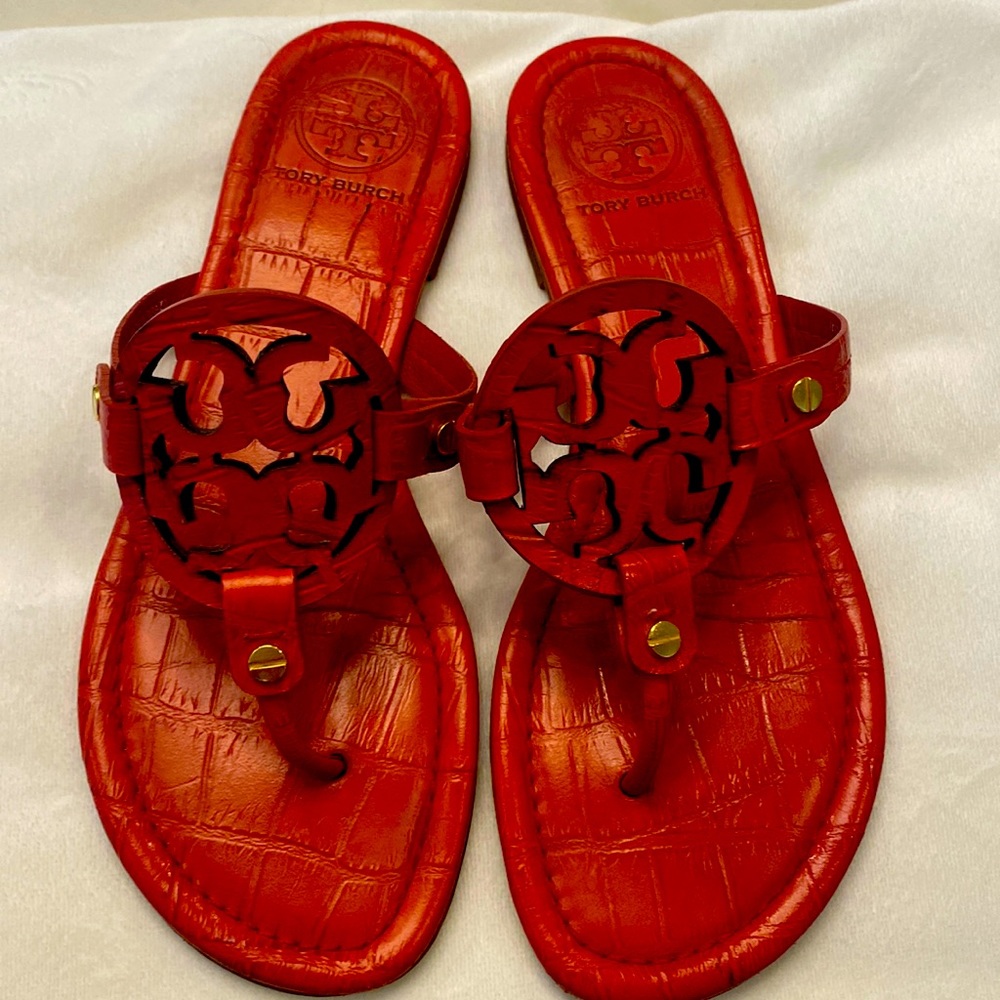 Tory Burch red faux croc print sandals